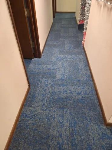 Singely Document One hallway with finished blue carpet tile